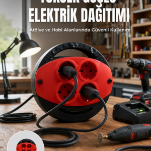 5 Metre Uzatma Kablolu 4 Prizli Makara Kırmızı