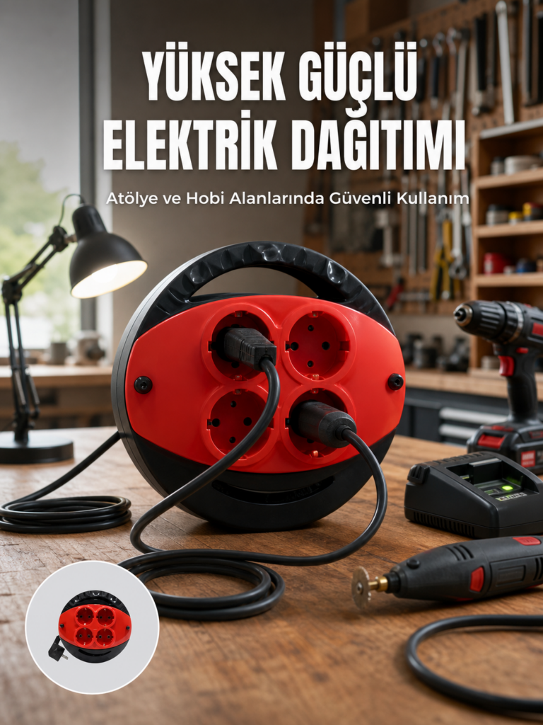 5 Metre Uzatma Kablolu 4 Prizli Makara Kırmızı