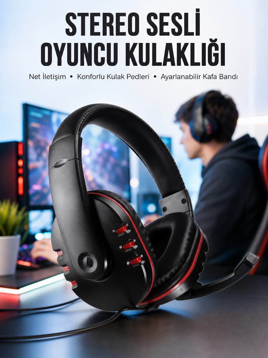 Oyuncu Kulaklığı Kulak Üstü Kablolu Stereo Mikrofonlu Yumuşak Kulak Yastığı Yeni Nesil