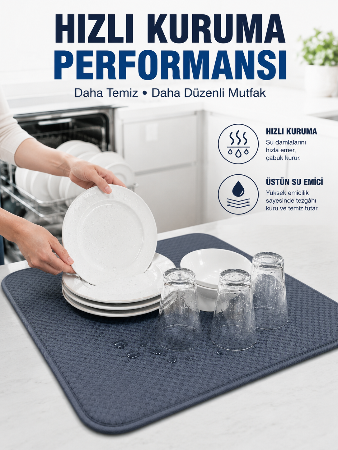 Bulaşık Kurutma Matı Geniş Yüzeyli Mikrofiber Tezgâh Koruyucu Kurutma Matı