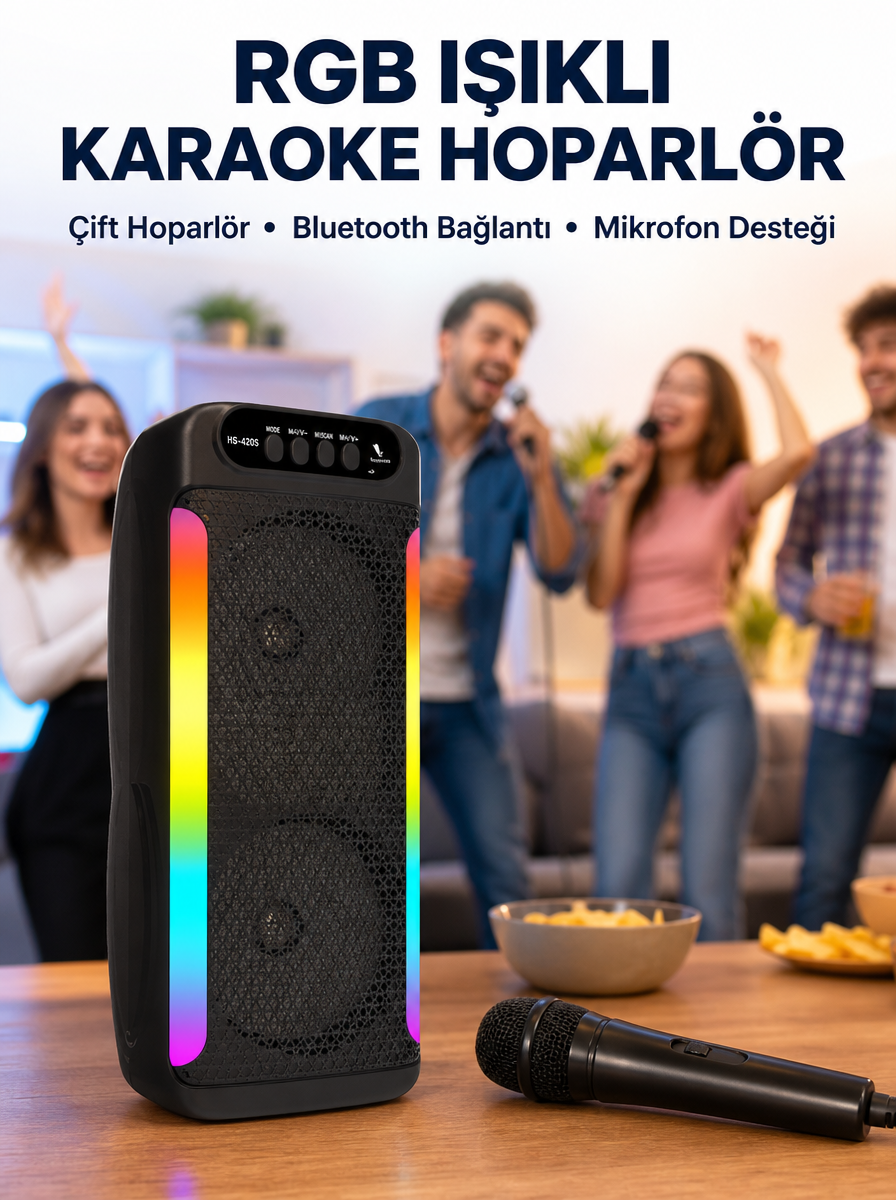 RGB Işıklı Çift Hoparlörlü Taşınabilir Bluetooth Speaker ve Mikrofon Yeni Nesil