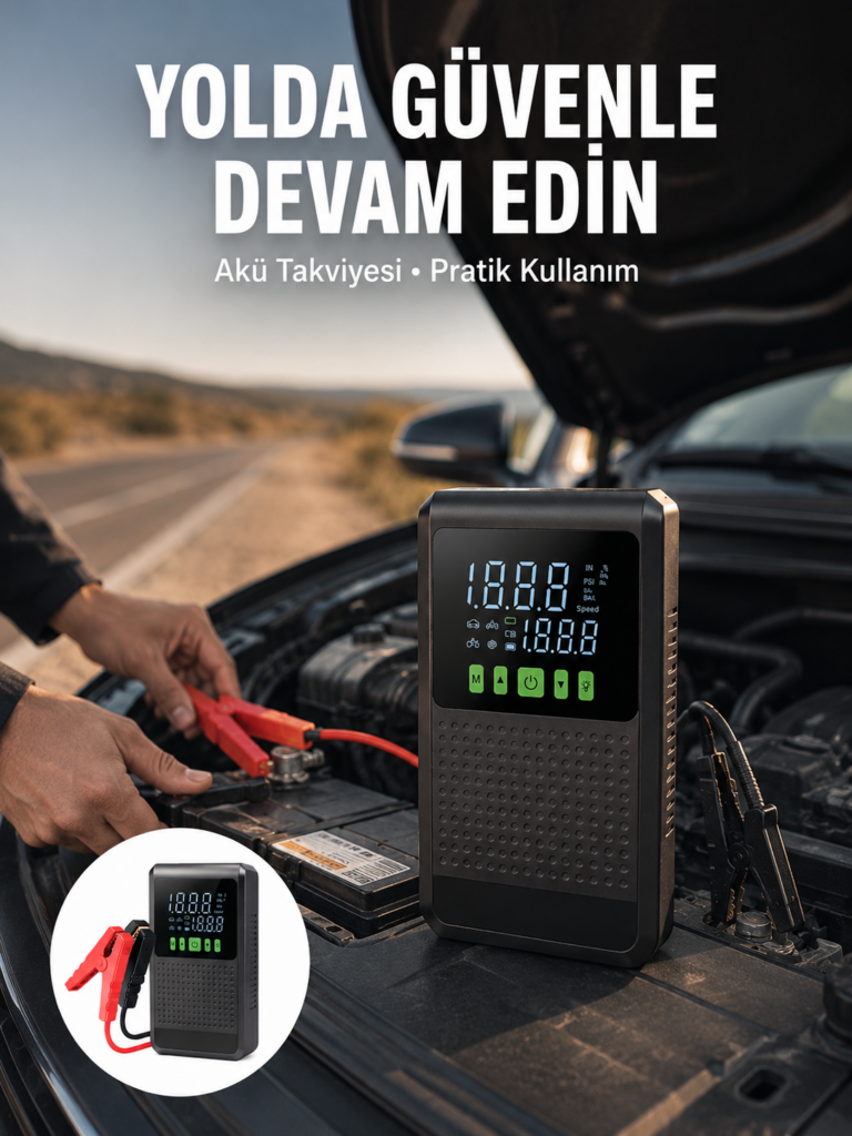 Şarjlı Araç Akü Takviyeli Hava Pompası Powerbank Özellikli Yeni Nesil