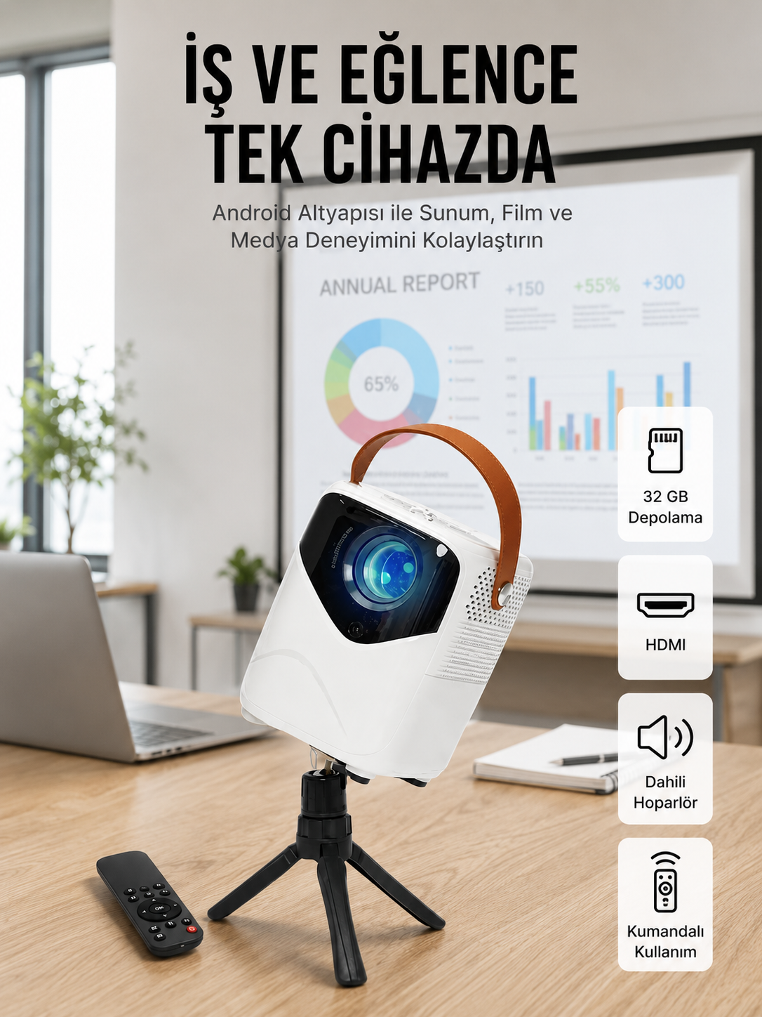 Projeksiyon Ev Sineması Bluetooth 4k HD Kaliteli Görüntü Kumandalı