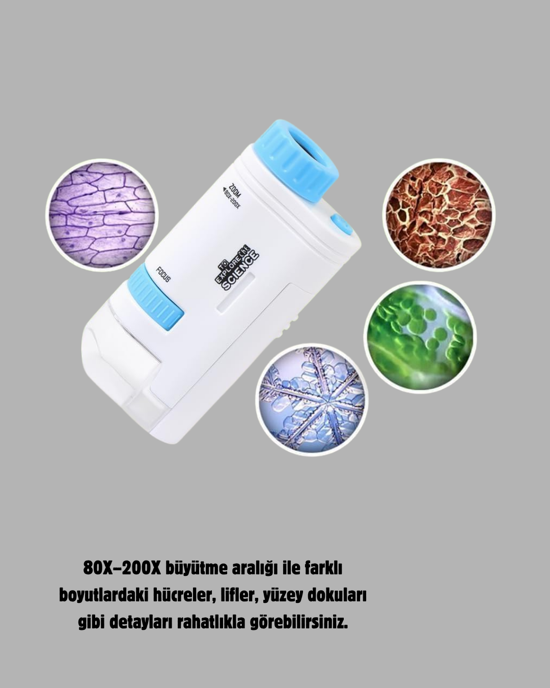 Taşınabilir Eğitim Mikroskobu 80X–200X LED Işıklı ve Darbeye Dayanıklı