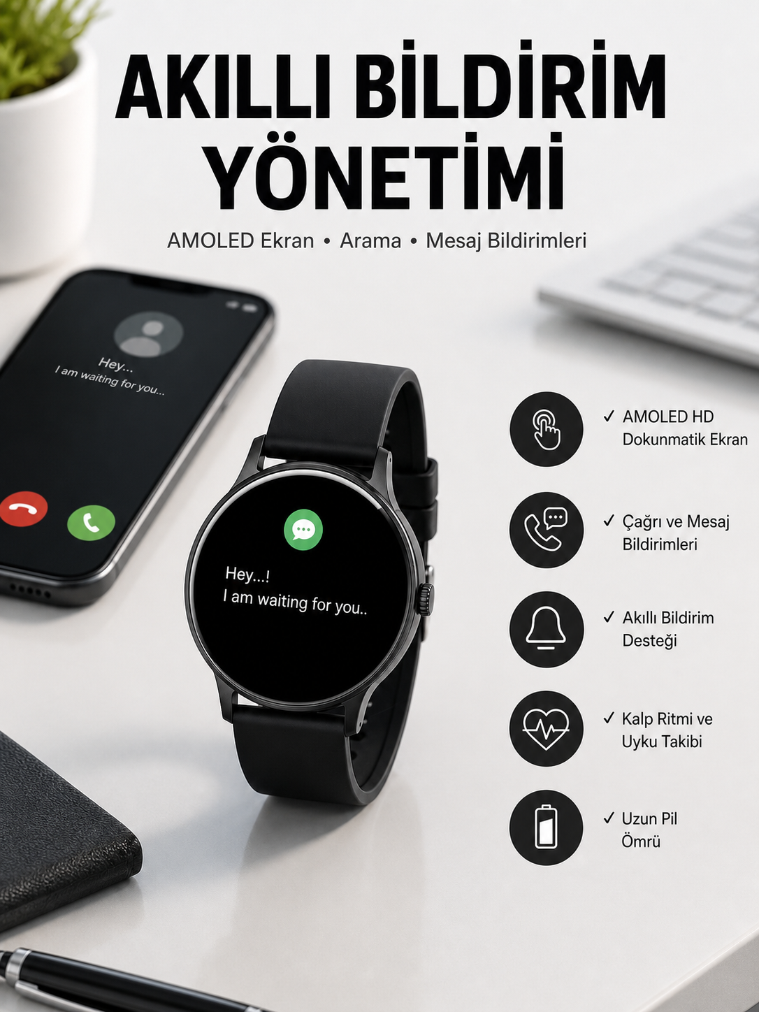 Akıllı Saat Çok Fonksiyonlu Sesli Görüşme NFC Uyumlu Amoled Ekran Yeni Nesil