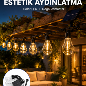 Güneş Enerjili LED Ampul Zincir Işık Sıcak Beyaz Dekoratif Bahçe Aydınlatması