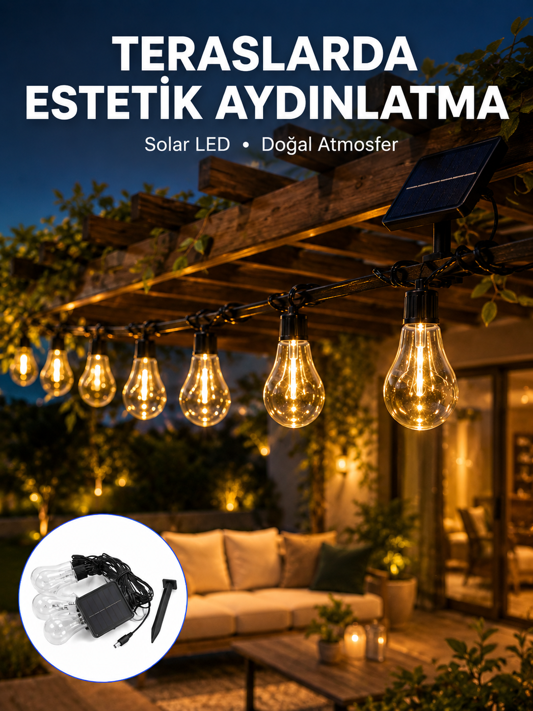 Güneş Enerjili LED Ampul Zincir Işık Sıcak Beyaz Dekoratif Bahçe Aydınlatması