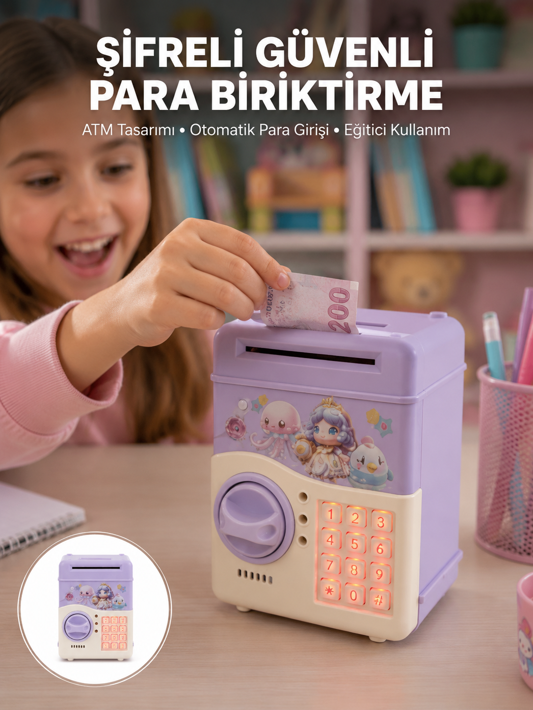 Çocuklar İçin Elektronik Şifreli Para Biriktirme Kumbarası Mor