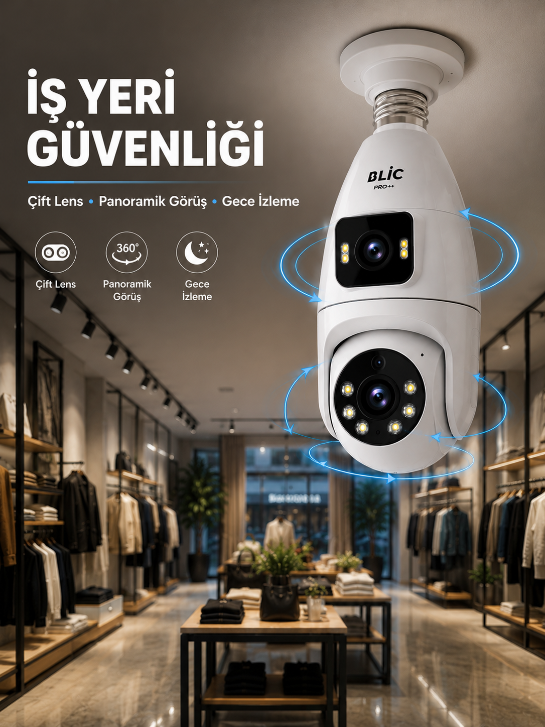 Wi-Fi Çift Lens Ampul Kamera  Akıllı Ev Güvenliği