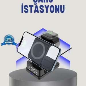 Kablosuz Şarj Cihazı ve Dijital Saat – 4’ü 1 Arada Hızlı Şarj, Apple Uyumlu, LED Işıklı Tasarım