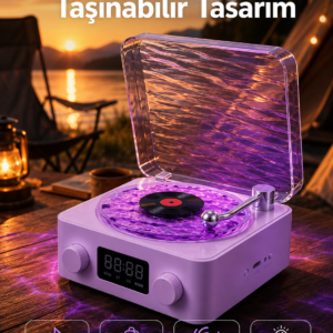 360° Sesli Kablosuz Hoparlör – Retro Tasarım ve Projektör Işığı