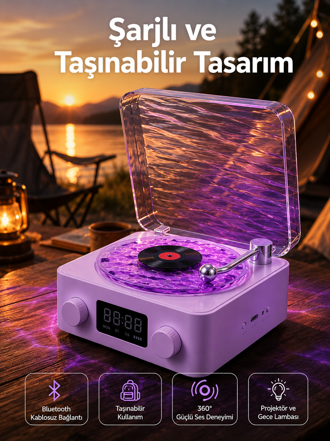360° Sesli Kablosuz Hoparlör – Retro Tasarım ve Projektör Işığı