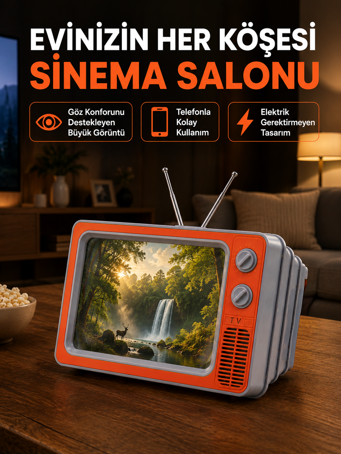 Telefon İçin 12 İnç Ekran Büyütücü Retro Televizyon Tasarımı HD Film İzleme Katlanabilir Stand