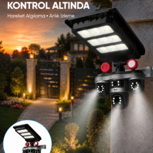 Güneş Enerjili 3 Lens Akıllı Güvenlik Kamerası LED Projektörlü Dış Mekan Koruma Sistemi