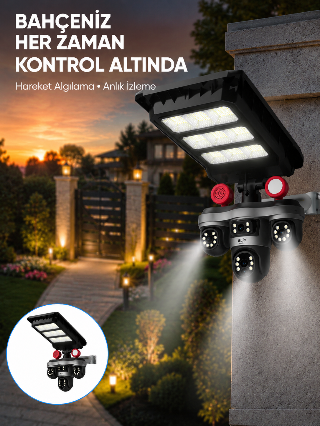 Güneş Enerjili 3 Lens Akıllı Güvenlik Kamerası LED Projektörlü Dış Mekan Koruma Sistemi