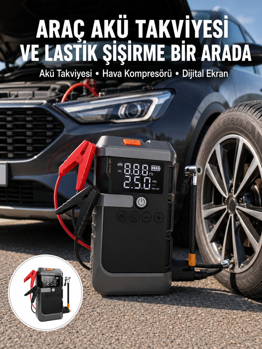 Araç İçin 4 Fonksiyonlu Akü Takviye ve Lastik Şişirme Cihazı Yeni Nesil