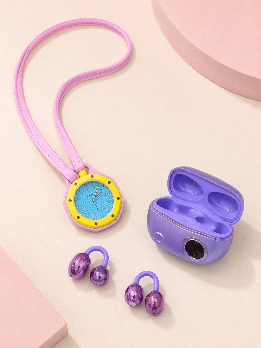 Şarj Kutulu Kablosuz Kulaklık ve Pembe Çanta Charm Analog Saat Seti Müzik ve Aksesuar Bir Arada