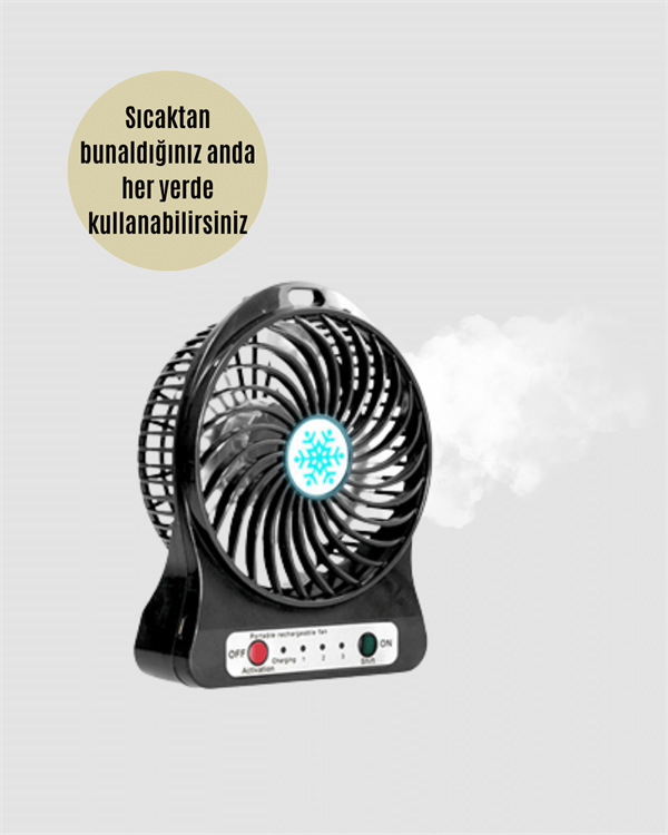 USB Girişli Taşınabilir Masaüstü Mini Fan – 3 Kademeli Hız, Şarjlı, Işıklı, Sessiz Çalışma