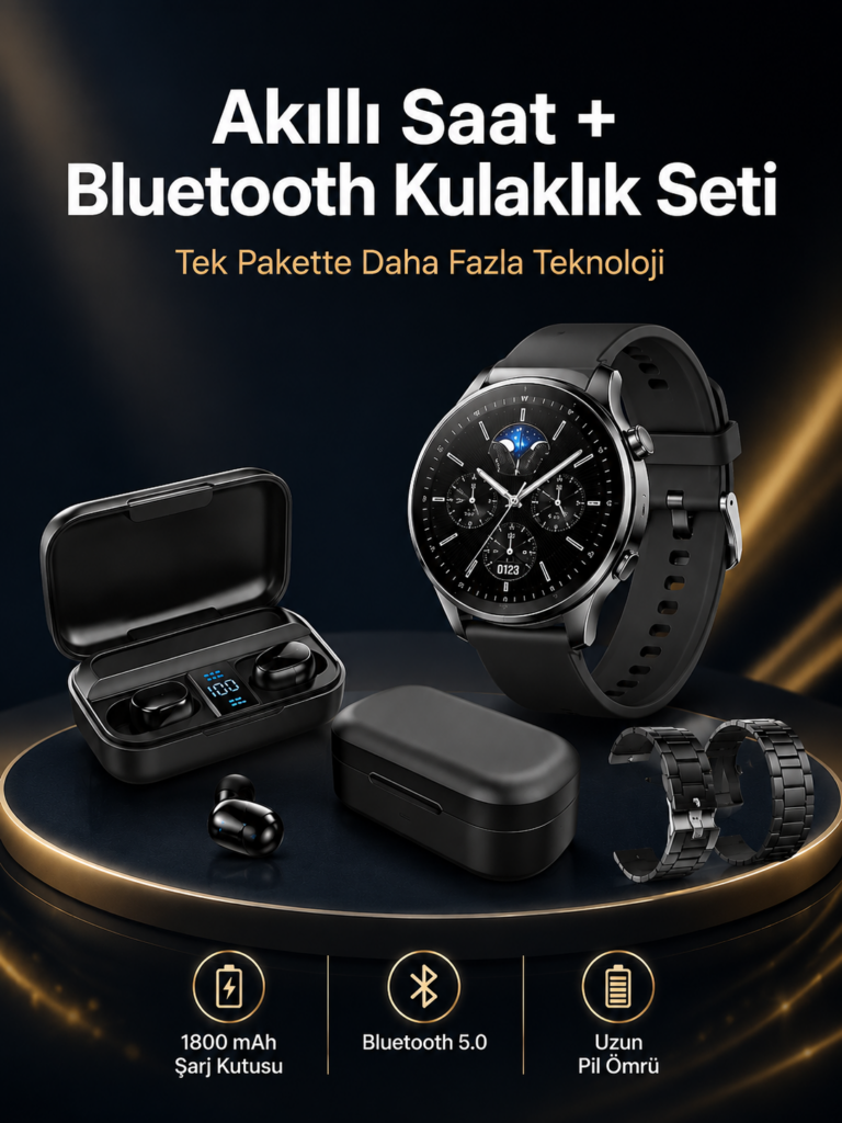 Kablosuz Bluetooth Kulaklık ve Kordon Hediyeli Akıllı Saat Nabız Ölçer Uzun Pil Ömrü