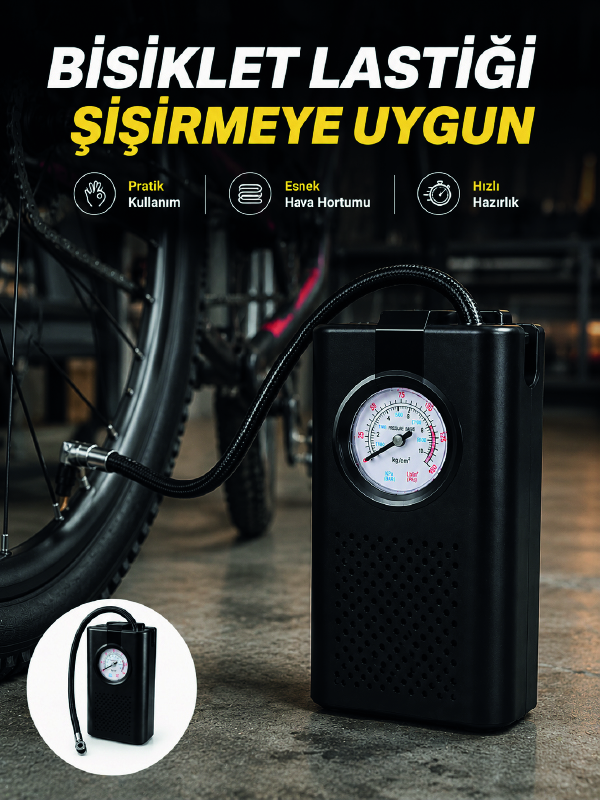 Analog Manometreli Kompakt Araç Hava Pompası Lastik Şişirme Cihazı