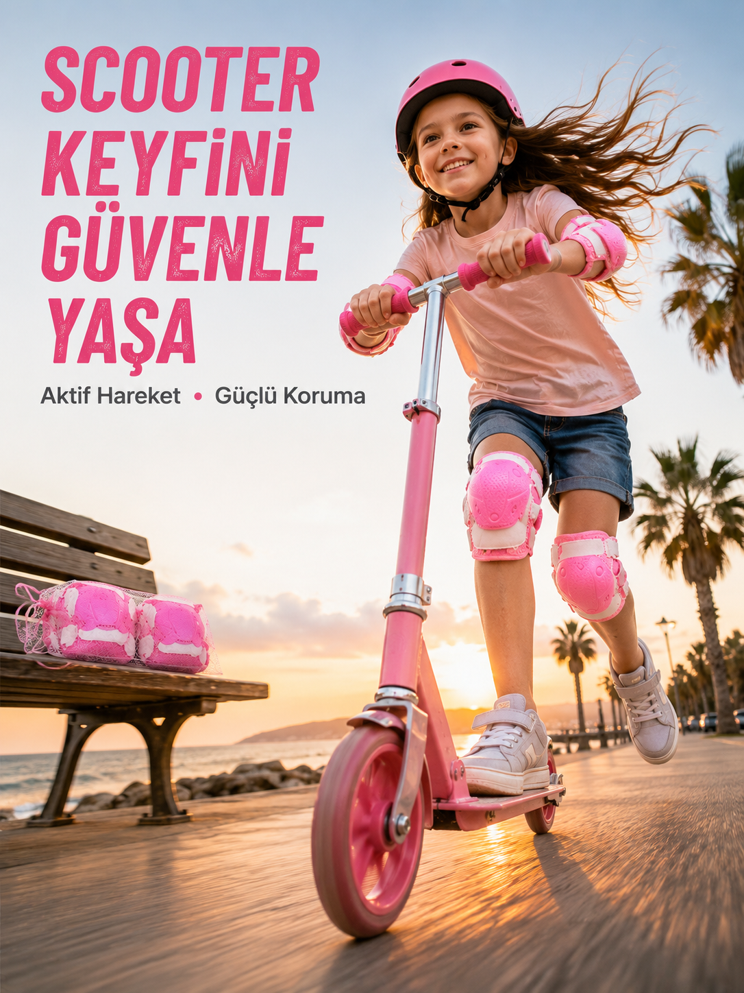 Çocuk Koruyucu Pembe Çocuk Koruyucu Spor Seti Dizlik Dirseklik El Bilek Koruyucu