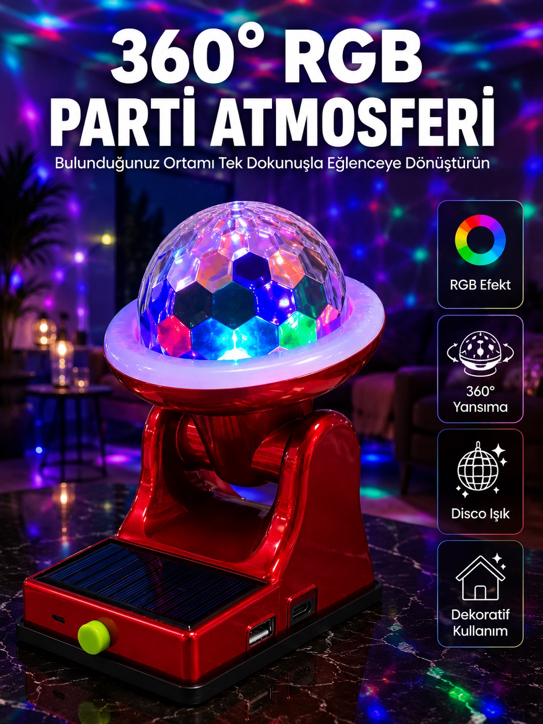 360° RGB LED Disco Işığı Ayarlanabilir Başlıklı Güneş Enerjili Projektör Lamba