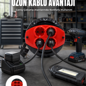 3 Metre Kablolu 4’lü Kırmızı Priz Makara