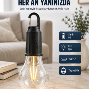 3 Farklı Mod LED'li Şarjlı Asma Kancalı Kamp Lambası Taşınabilir Ampul