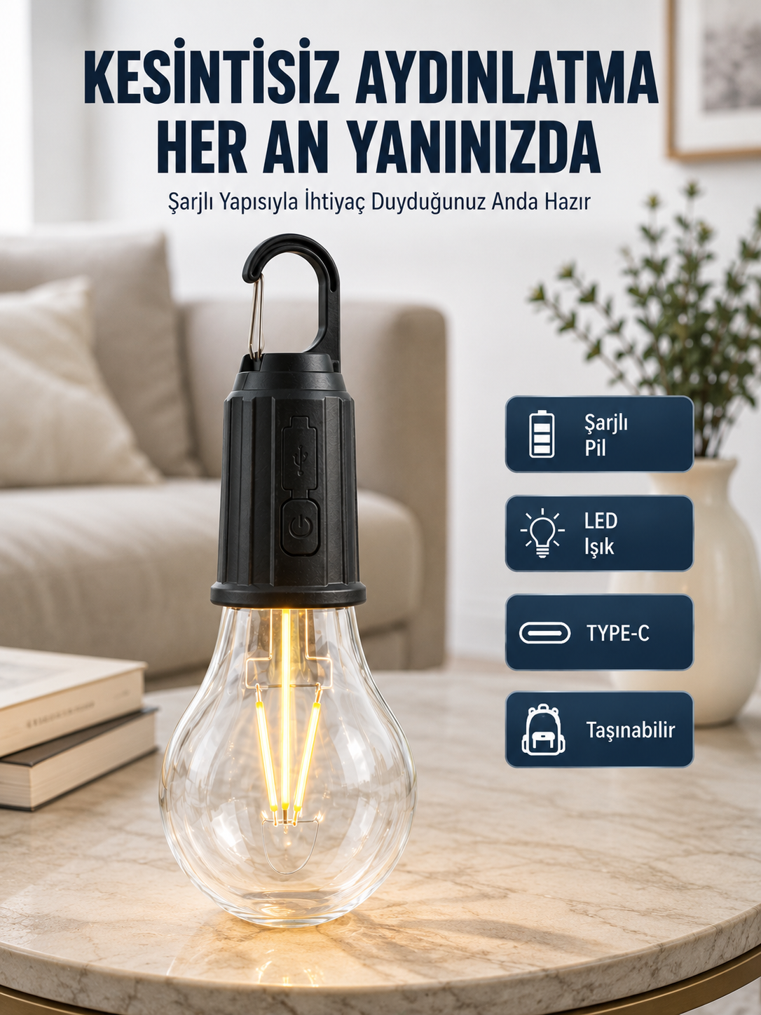 3 Farklı Mod LED'li Şarjlı Asma Kancalı Kamp Lambası Taşınabilir Ampul