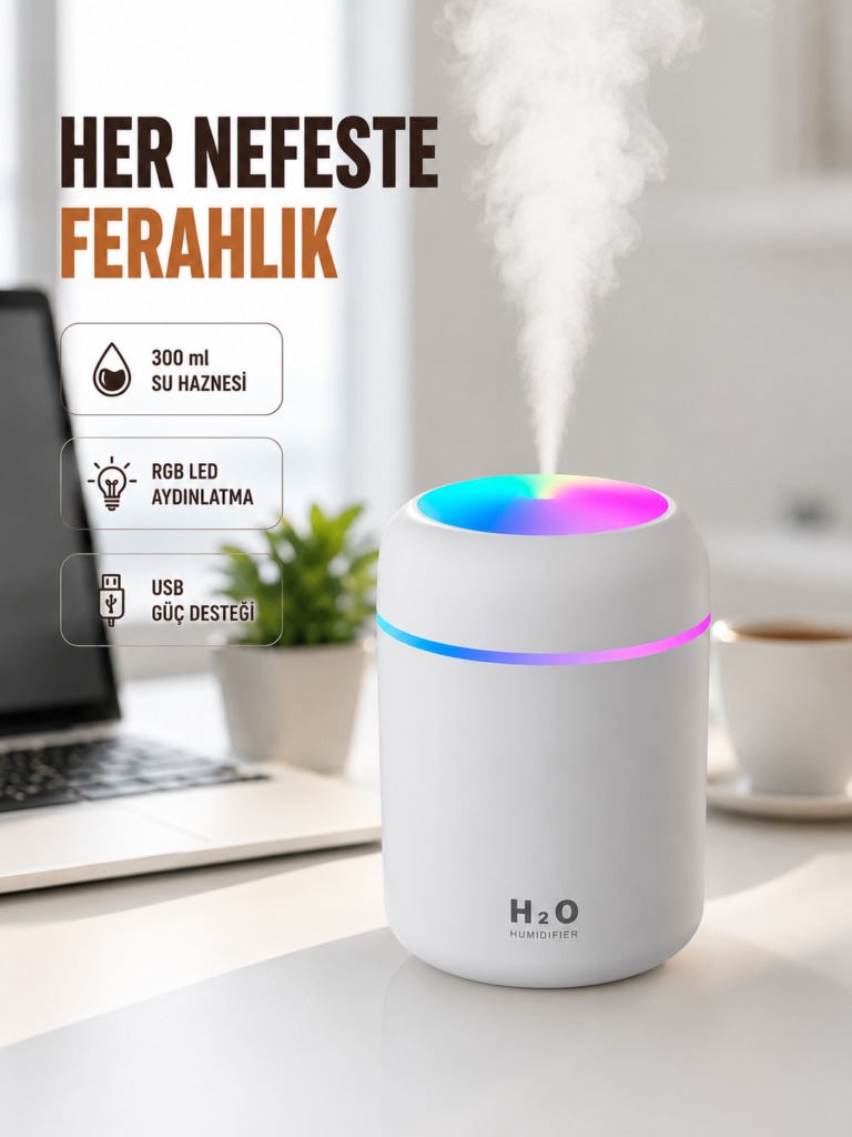 ABS Gövdeli 300ml USB Nemlendirici – Beyaz, Gri, Pembe Renk
