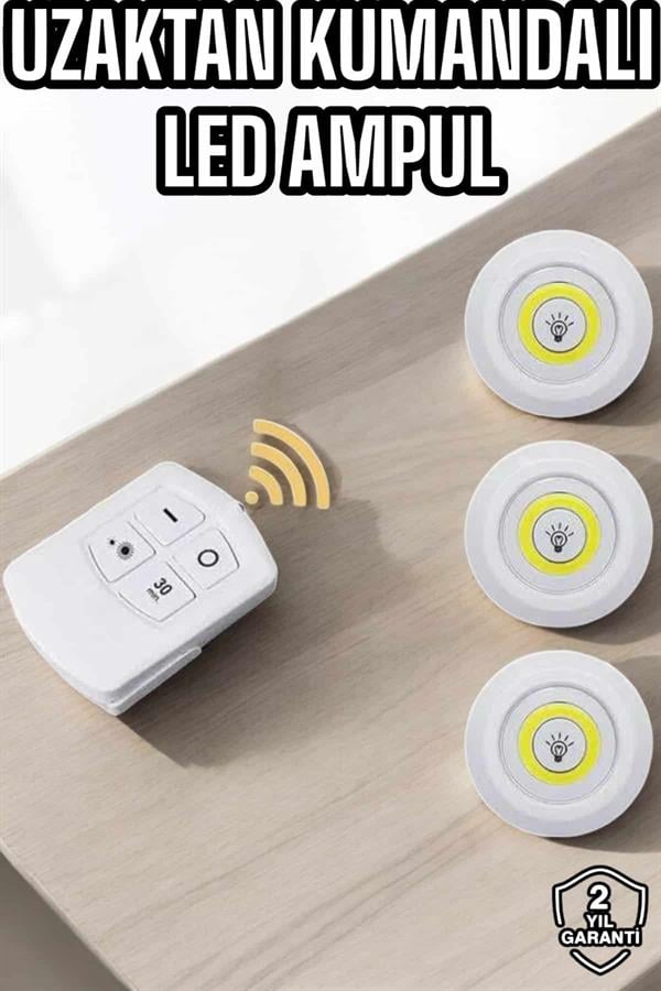 Led Lamba 3'lü Uzaktan Kumandalı Yapışkanlı Beyaz Işık (Kopya)