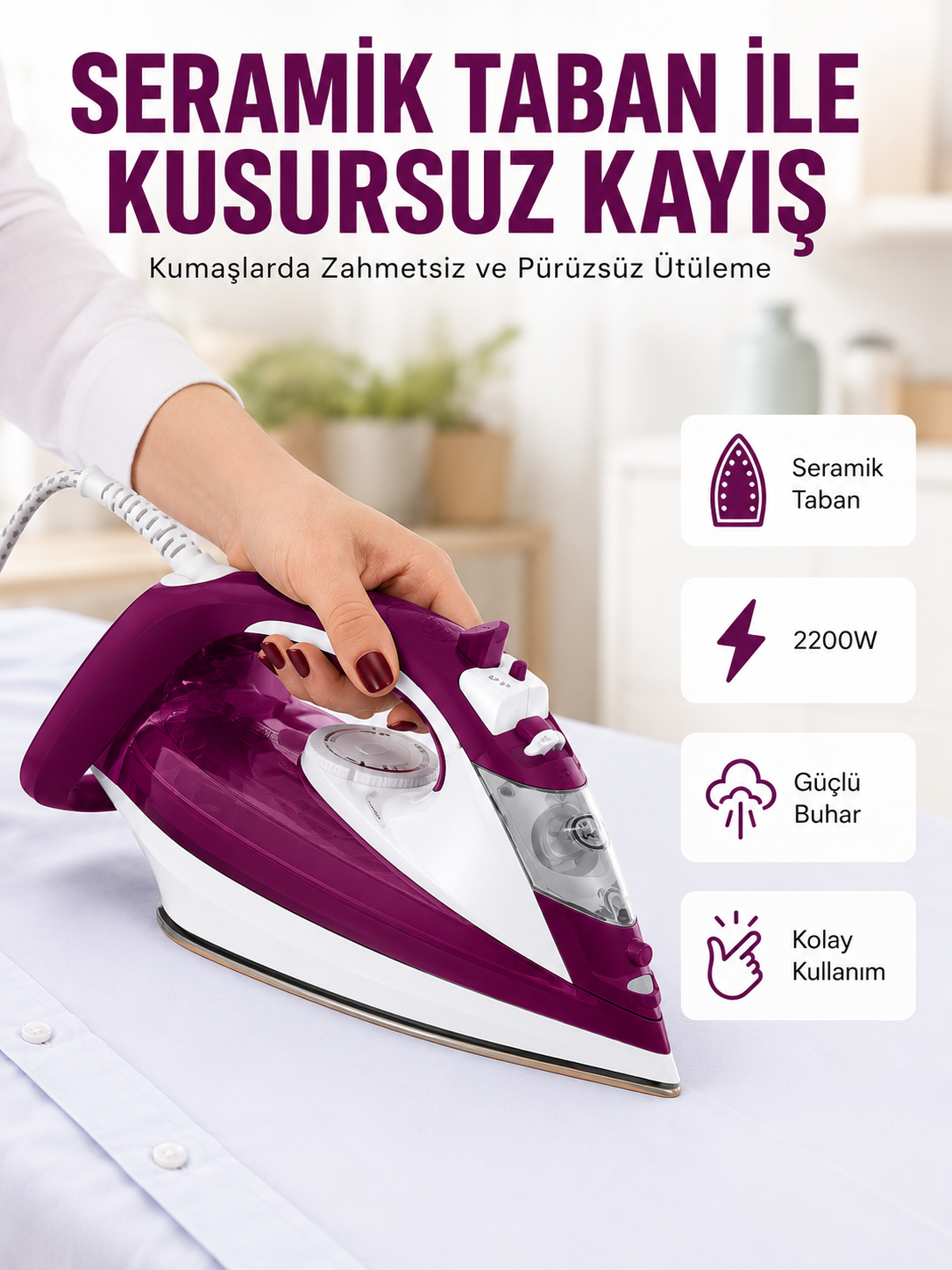 Buharlı Kablolu Ütü 2200 Watt Kireçlenme Önleyici Şok Buharlı Yeni Nesil