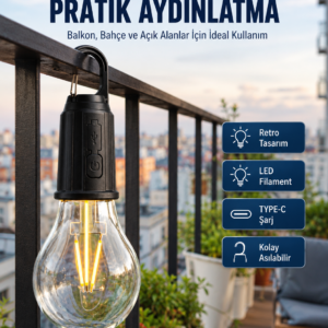 Şarjlı Dekoratif Kamp Lambası Askılı Ampul Led Işık Type-C Girişli