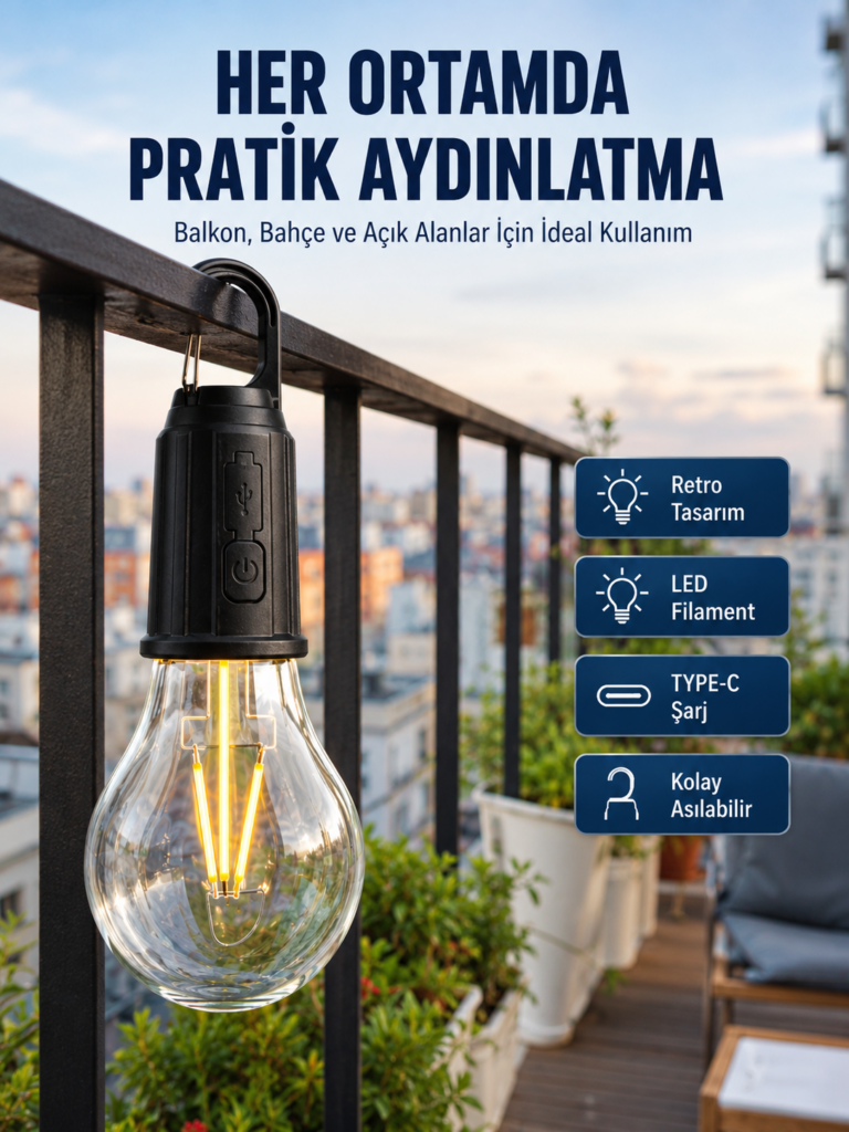 Şarjlı Dekoratif Kamp Lambası Askılı Ampul Led Işık Type-C Girişli