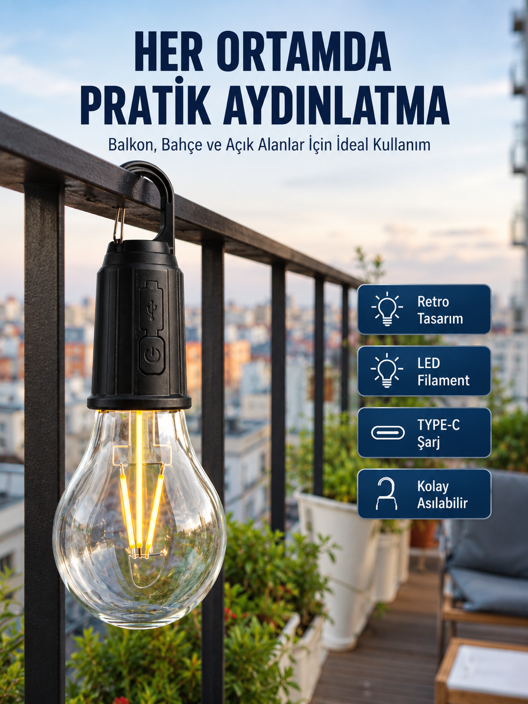 Şarjlı Dekoratif Kamp Lambası Askılı Ampul Led Işık Type-C Girişli