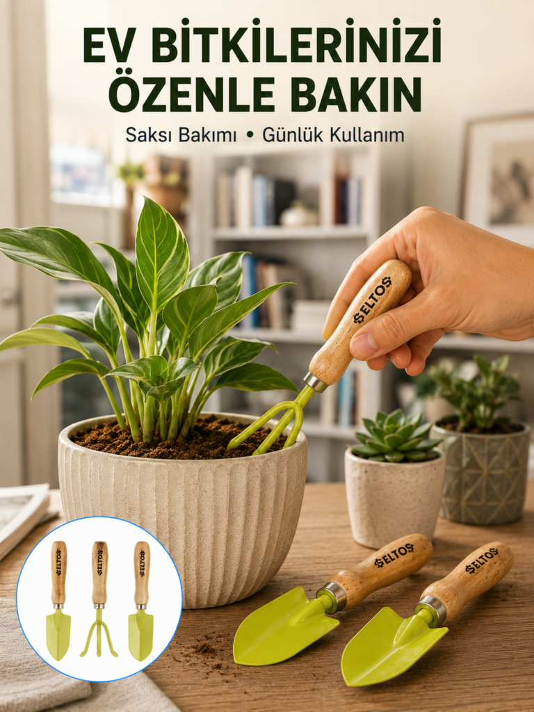 Ahşap Saplı Mini Bahçe El Aleti Seti Saksı ve Çiçek Bakım Seti