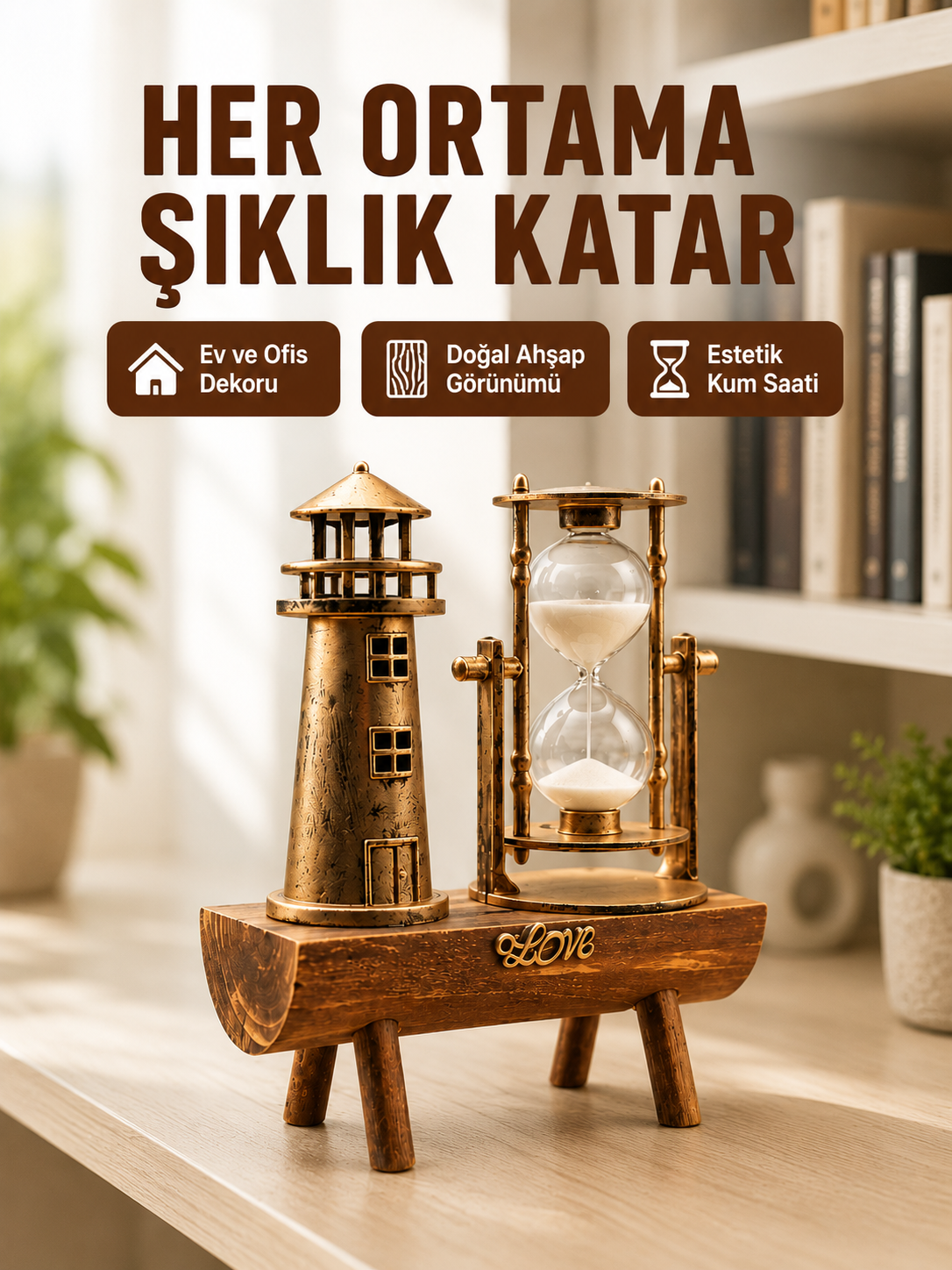 Ahşap Kum Saati ve Deniz Feneri Figürü Bir Arada – Ev & Ofis Dekorasyonu Yeni Nesil