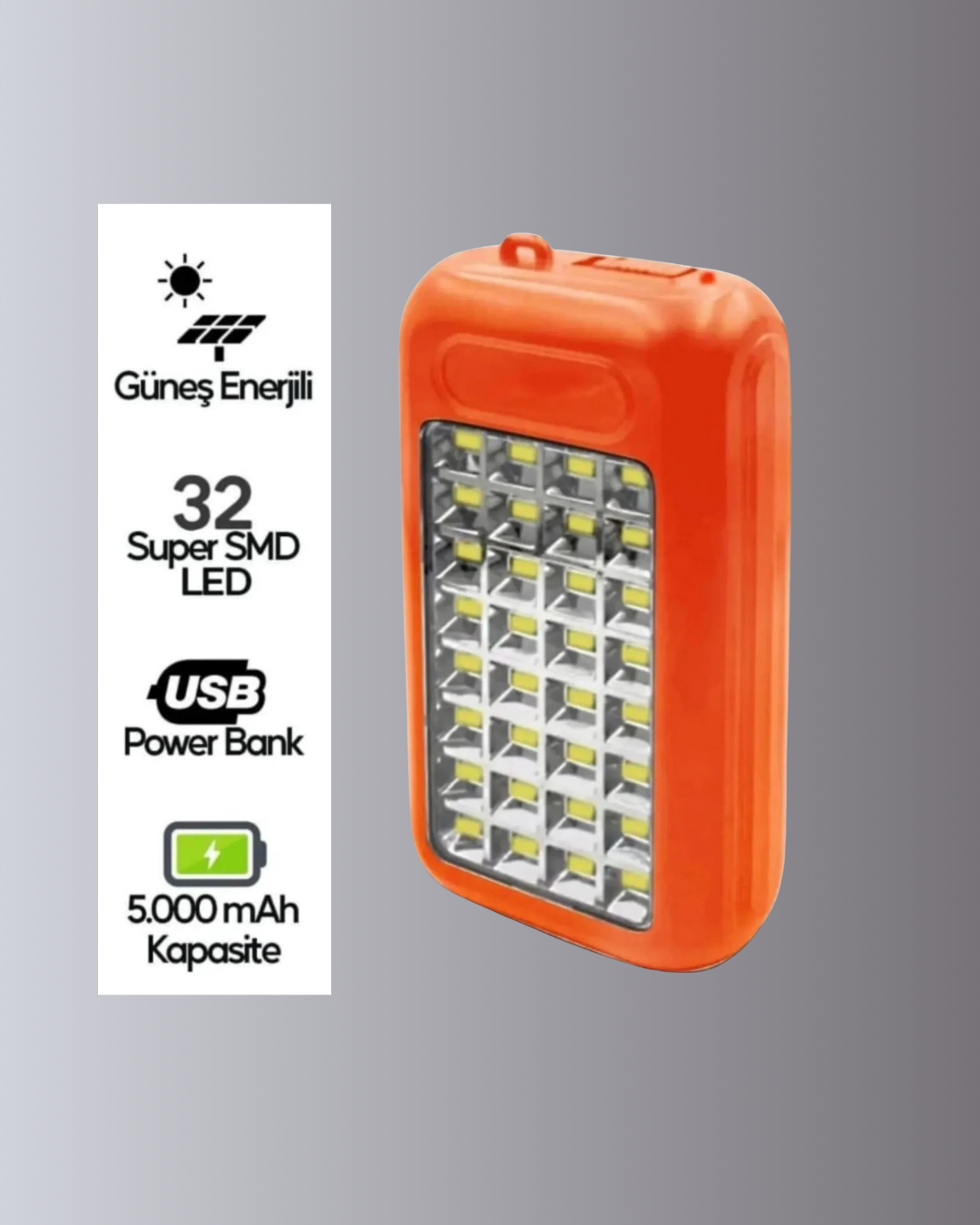 Güneş Paneli ile Şarj Olan 32 LED’li Powerbank Cihazı