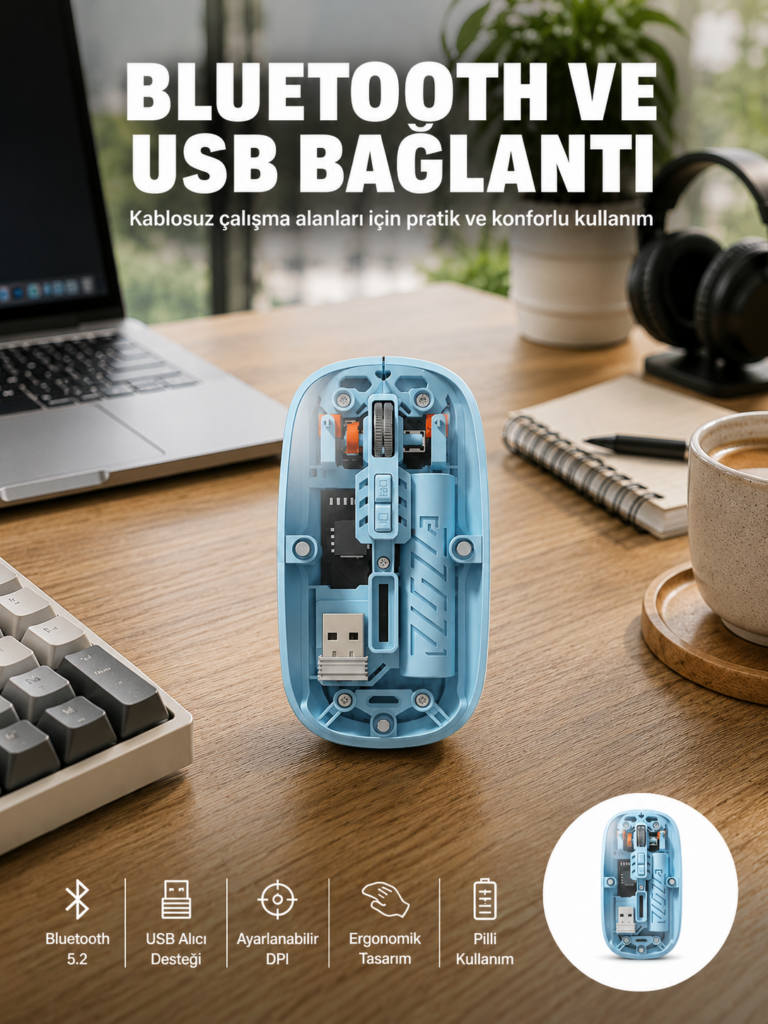 Bluetooth 5.2 Destekli Mavi Pilli Kablosuz Mouse Yeni Nesil