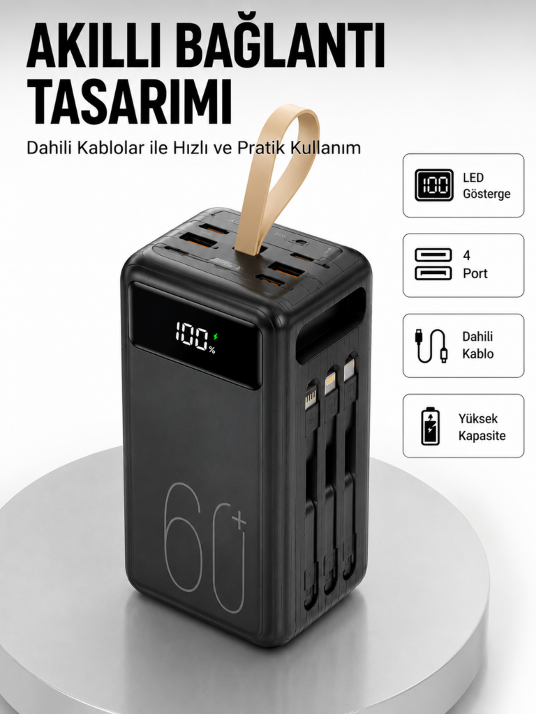 Tüm Cihazlarla Uyumlu LED Fenerli 4 Çıkışlı Powerbank Yeni Nesil