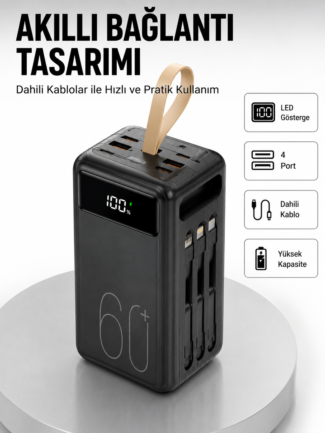 Tüm Cihazlarla Uyumlu LED Fenerli 4 Çıkışlı Powerbank Yeni Nesil