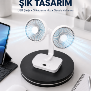 720° Döner Çift Taraflı Masaüstü Vantilatör – USB Şarjlı Sessiz Fan