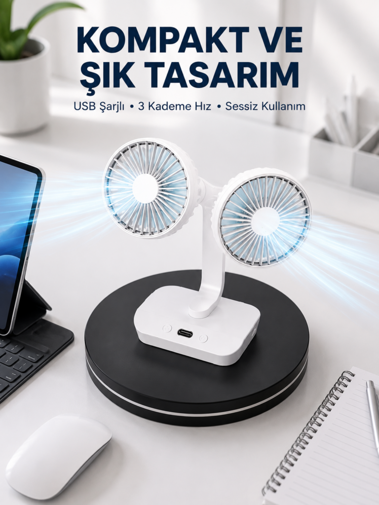720° Döner Çift Taraflı Masaüstü Vantilatör – USB Şarjlı Sessiz Fan