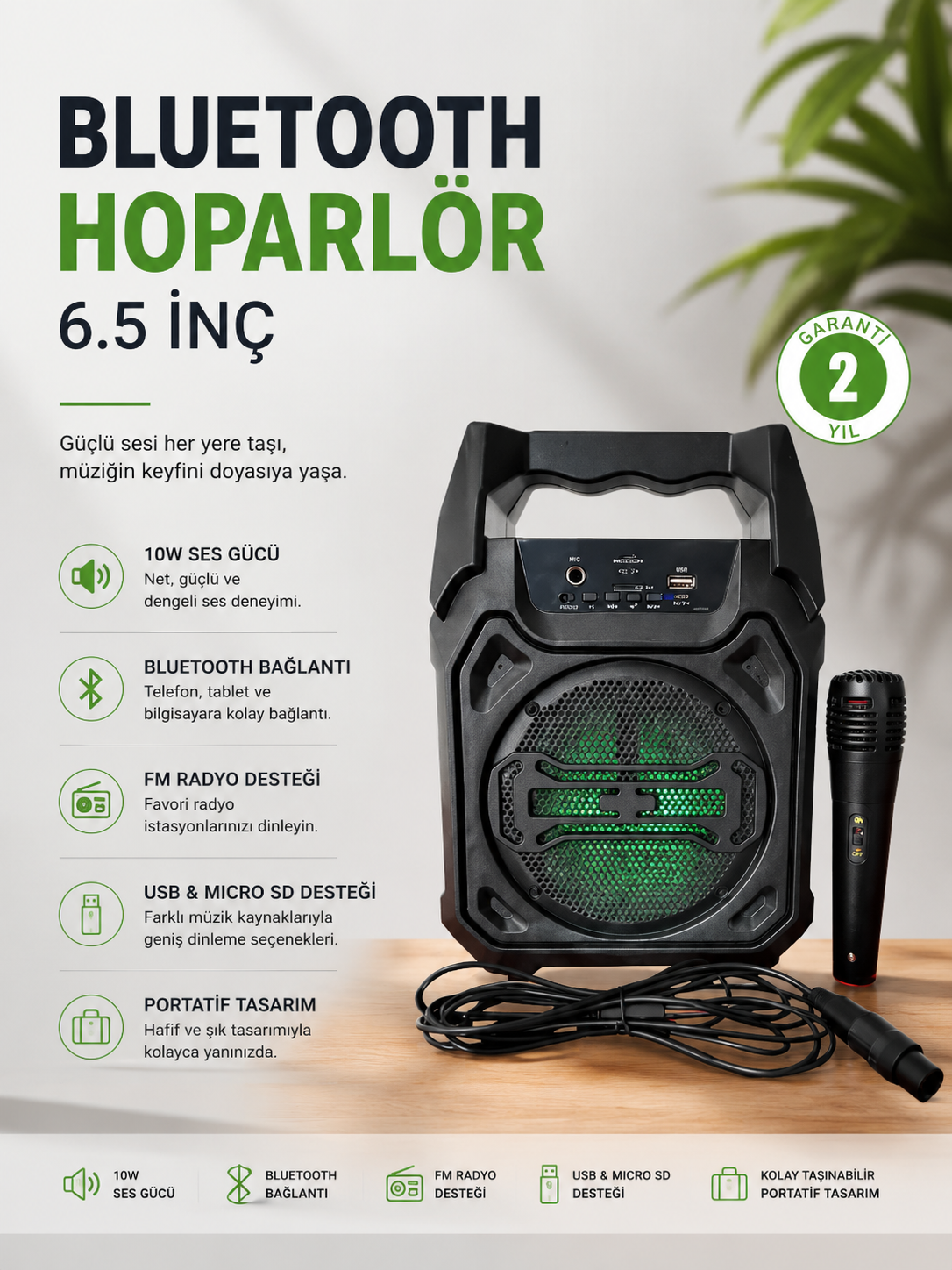 Bluetooth Hoparlör Mikrofonlu Taşınabilir Ses Sistemi FM Radyo, USB, SD Kart ve TWS Özellikli