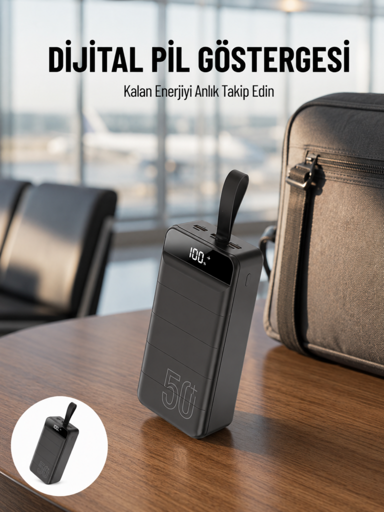 Powerbank 50.000 Mah Dijital Göstergeli Taşınabilir 4 Portlu Hızlı Powerbank Yeni Nesil