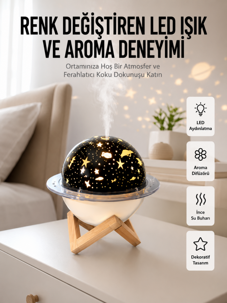 Hava Nemlendirici Led Işıklı Gece Lambası Yıldız Görünümlü Renk Değiştiren