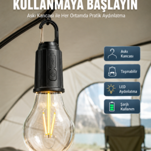Taşınabilir Şarjlı Led Ampul Askılı Lamba Kamp Bahçe Lambası