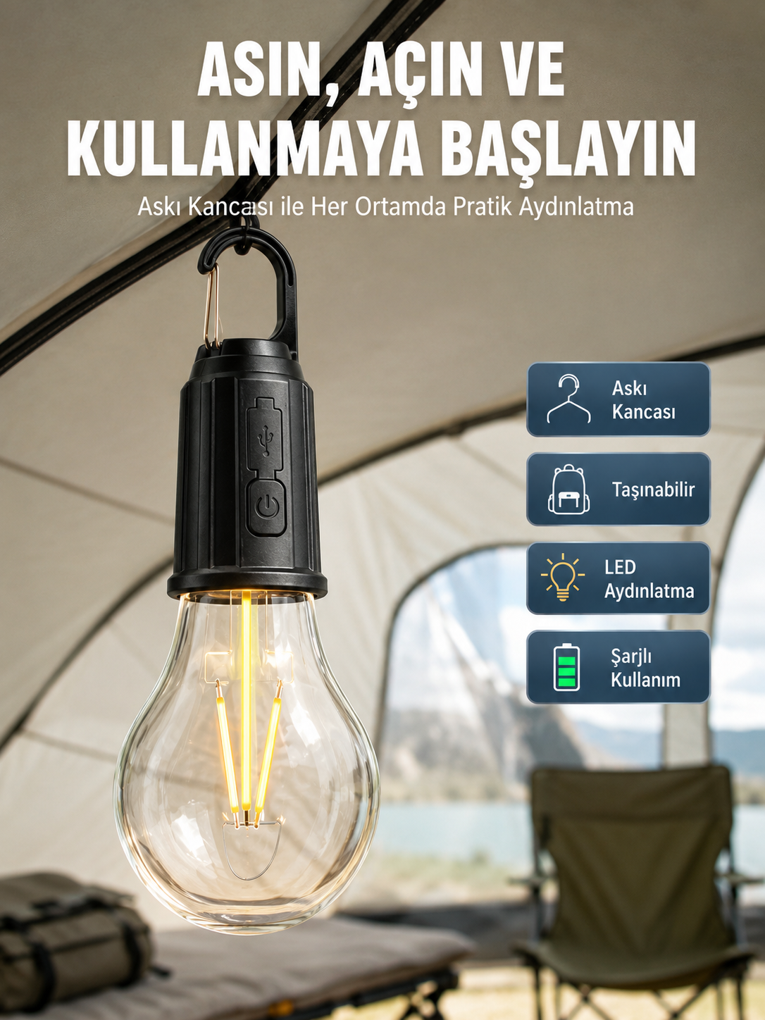Taşınabilir Şarjlı Led Ampul Askılı Lamba Kamp Bahçe Lambası
