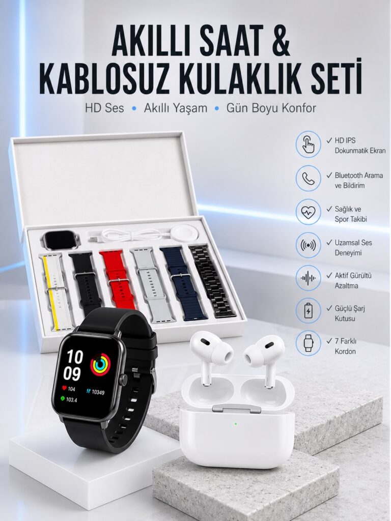 7 Kordonlu Akıllı Saat Ve Yeni Nesil Kulaklık Dokunmatik Ekran Android ve İOS Uyumlu