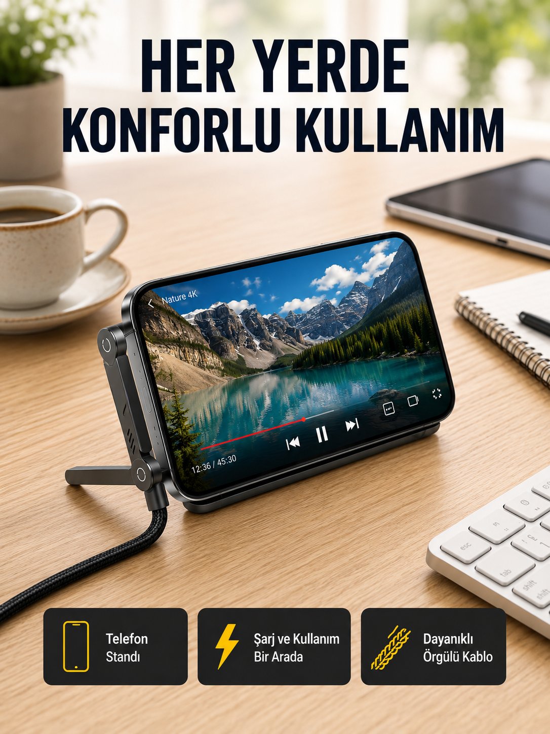 240W Type-C to Type-C Katlanabilir Standlı Hızlı Şarj Kablosu